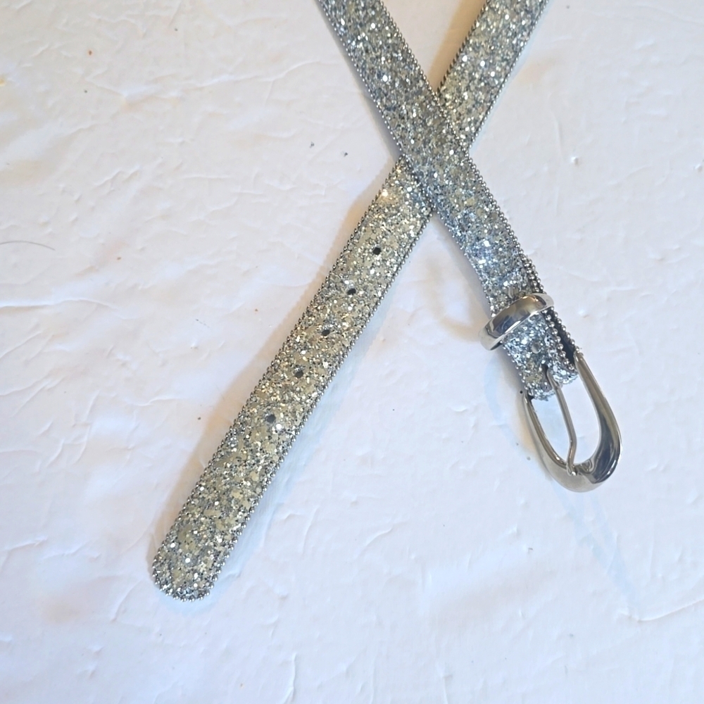 Womens Silver Sparkle Bling Glitter Belt Sparkle Silver Buckle Sz.XL - Picture 4 of 8